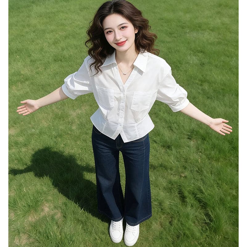 우아함 세련된 품격 허리 수축 고급 센스 셔츠 여성 2026 여름 새로운 5 점 소매 셔츠 이미지 2
