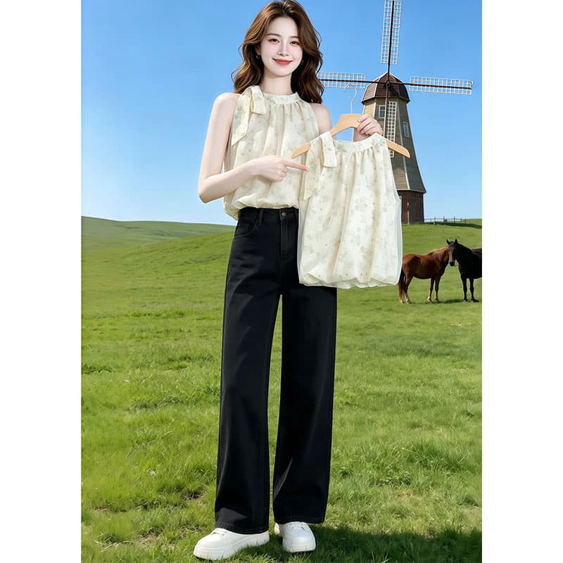 프랑스식 꽃무늬 민소매 셔츠 여성 2026 여름 새로운 오프숄더 행침 목 우아함 세련된 맨위 이미지 5