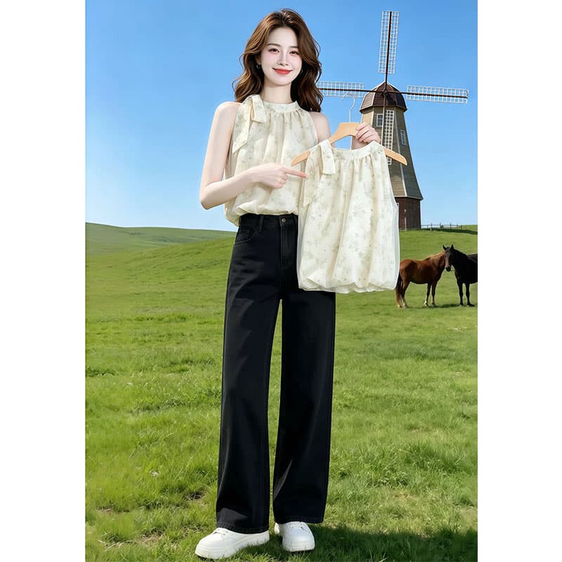 프랑스식 꽃무늬 민소매 셔츠 여성 2026 여름 새로운 오프숄더 행침 목 우아함 세련된 맨위 상세 이미지 3