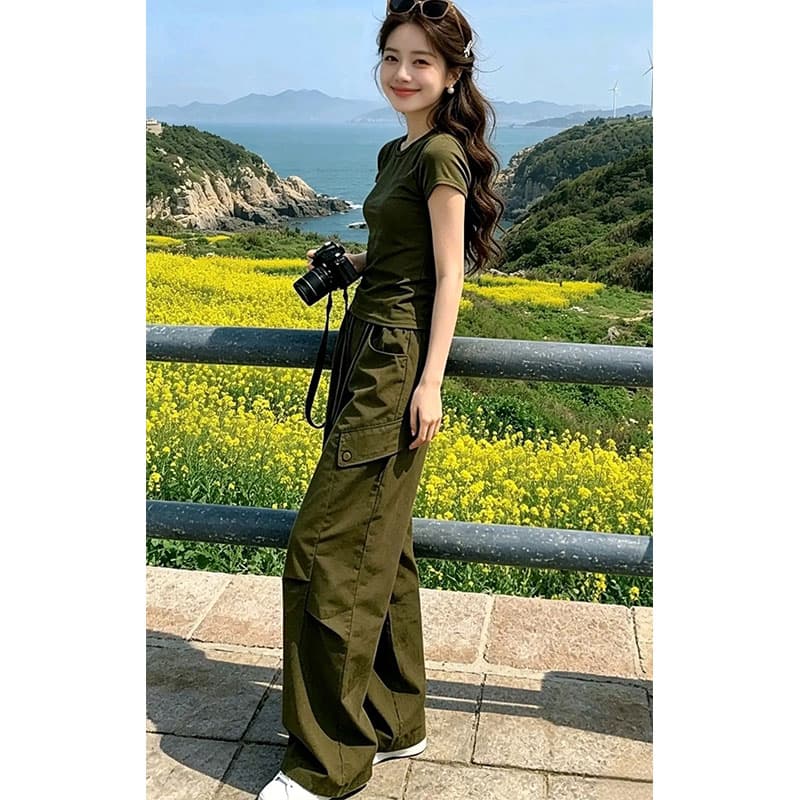 고급 센스 군용 녹색 반팔 티셔츠 워크웨어 팬츠 2026 여름 새로운 우아함 착용 가져 가라. 투피스 세트 상세 이미지 5