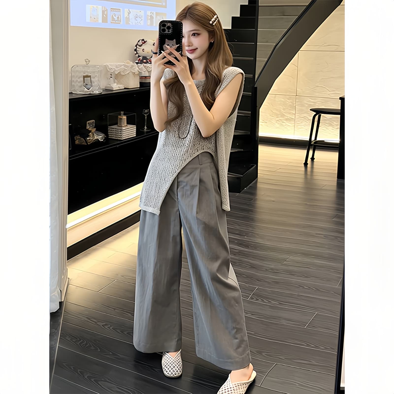 불규칙 민소매 베스트 여성 의류 와이드 레그 팬츠 두 조각 여성 세트 여름 2026 새로운 오래된 돈 바람 패션 세트 이미지 4
