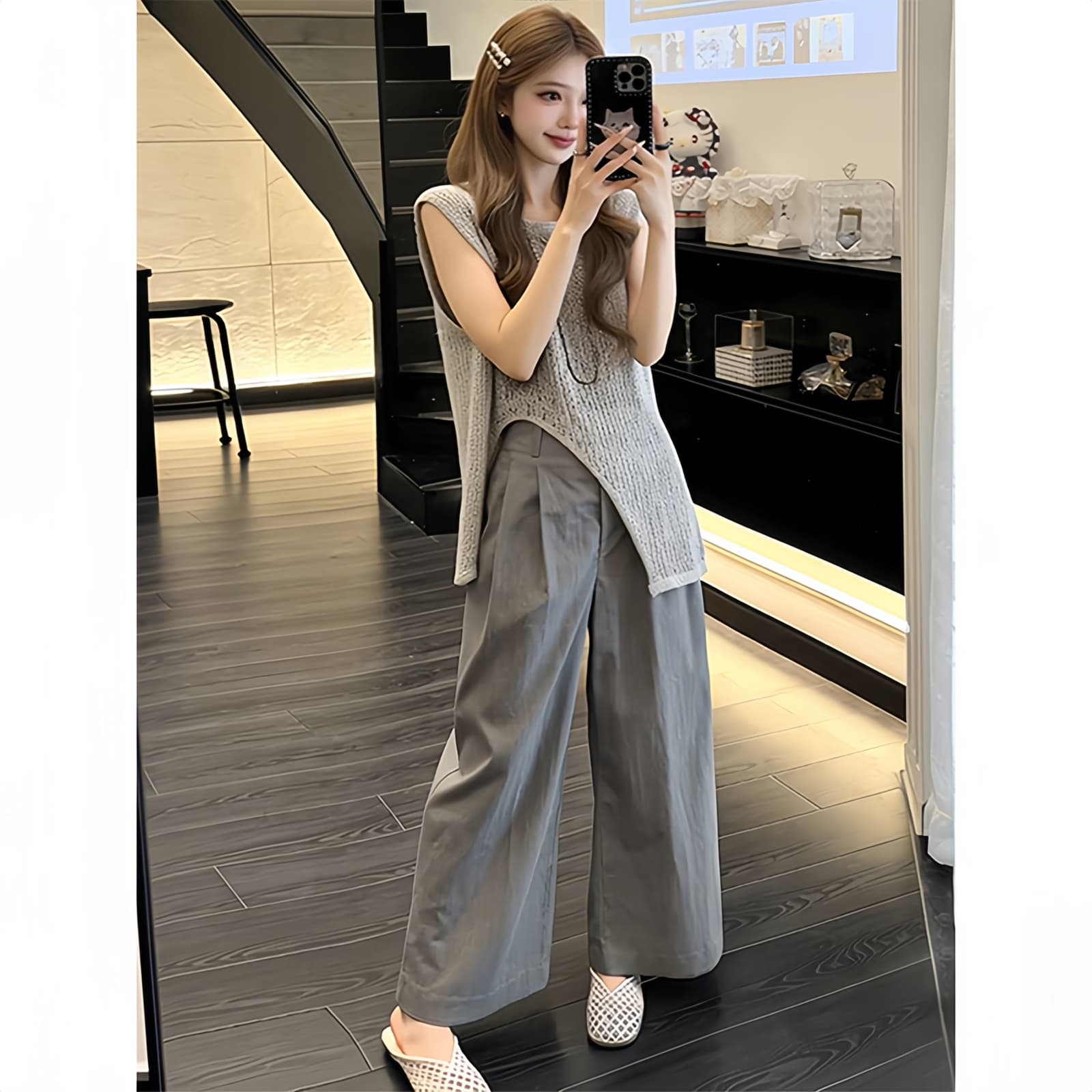 불규칙 민소매 베스트 여성 의류 와이드 레그 팬츠 두 조각 여성 세트 여름 2026 새로운 오래된 돈 바람 패션 세트 상세 이미지 6