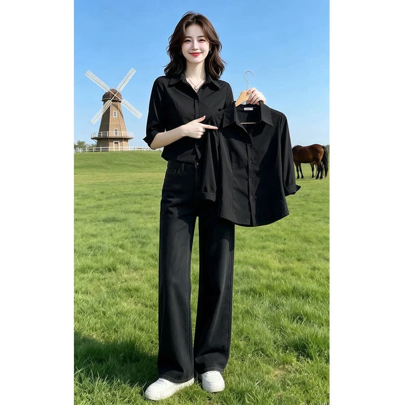 2026 여름 새로운 슬림해 보이는 세련된 빛 직업 바람 출퇴근 폴로 칼라 여성 셔츠 품격 중간 소매 셔츠