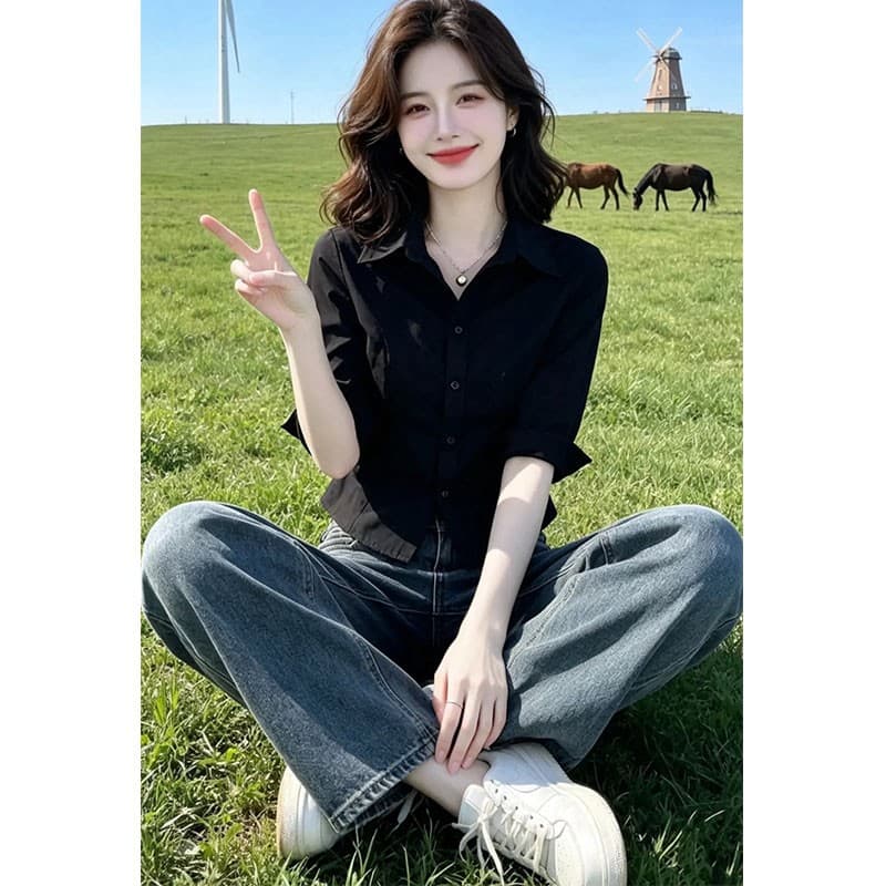 2026 여름 새로운 슬림해 보이는 세련된 빛 직업 바람 출퇴근 폴로 칼라 여성 셔츠 품격 중간 소매 셔츠 이미지 5