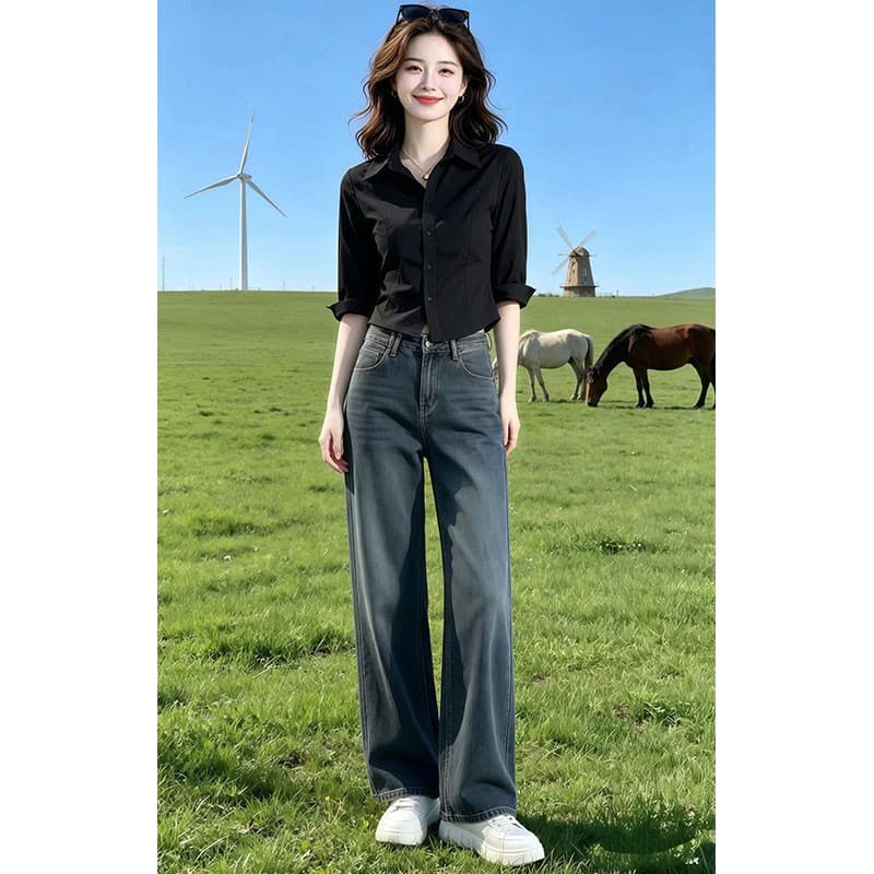 2026 여름 새로운 슬림해 보이는 세련된 빛 직업 바람 출퇴근 폴로 칼라 여성 셔츠 품격 중간 소매 셔츠 이미지 2