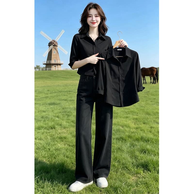 2026 여름 새로운 슬림해 보이는 세련된 빛 직업 바람 출퇴근 폴로 칼라 여성 셔츠 품격 중간 소매 셔츠 상세 이미지 4