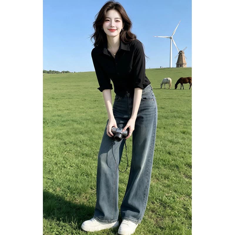2026 여름 새로운 슬림해 보이는 세련된 빛 직업 바람 출퇴근 폴로 칼라 여성 셔츠 품격 중간 소매 셔츠 상세 이미지 5