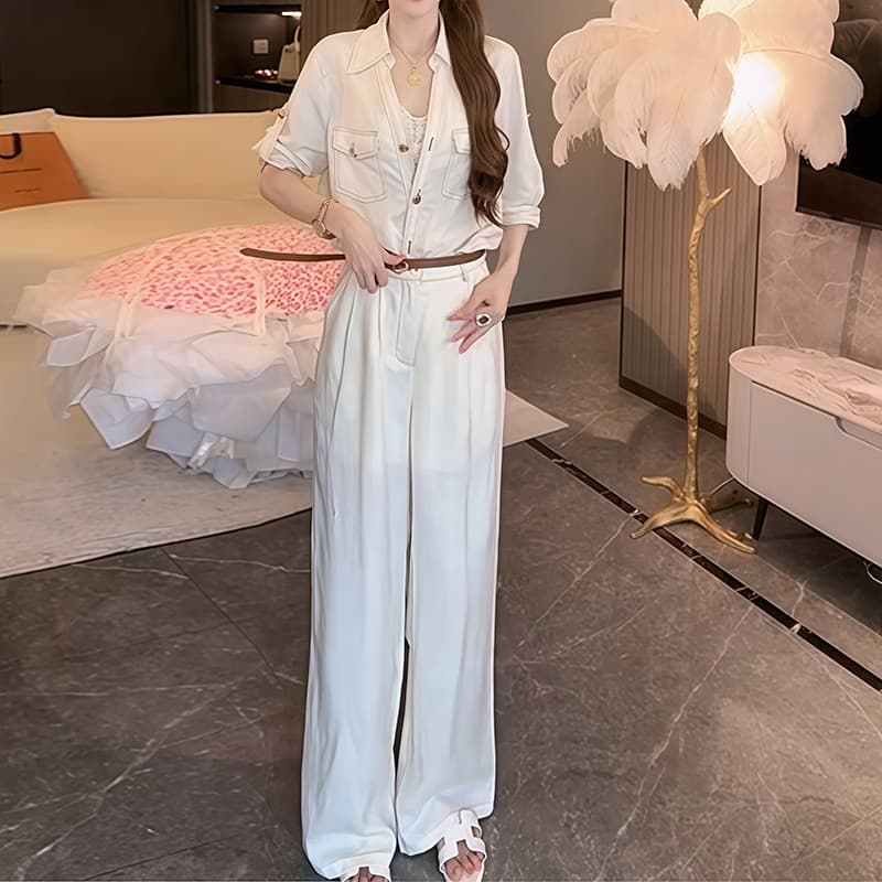 2026 여름 새로운 품질 레트로 셔츠 넓은 다리 패션 세트 고급 센스 셔츠 바지 투피스 세트 이미지 2
