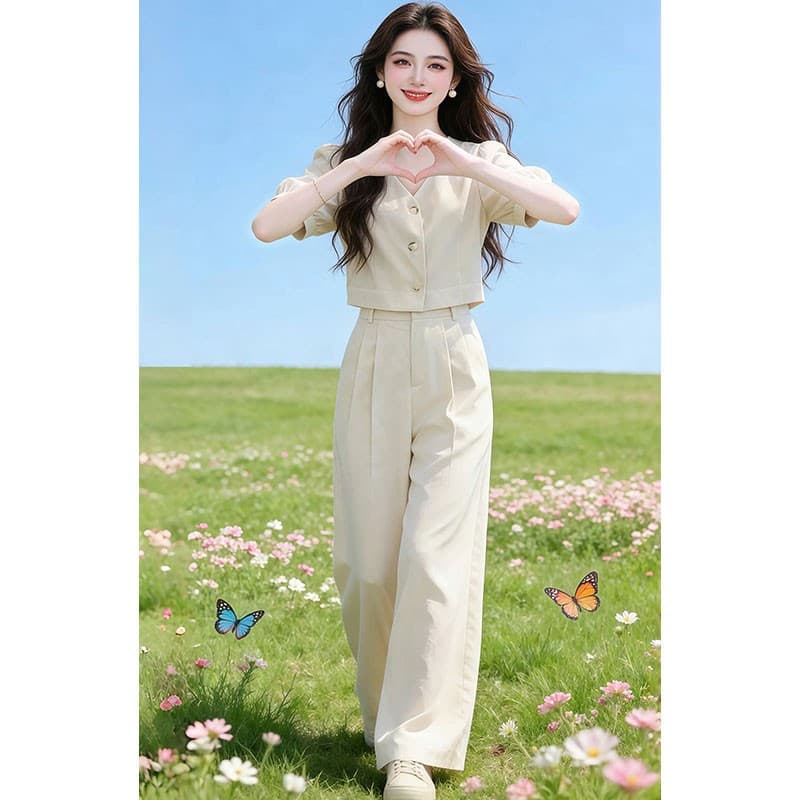 2026 여름 새로운 고급 센스 V넥 맨위 와이드 레그 팬츠 프랑스식 품격 패션 세트 이미지 3