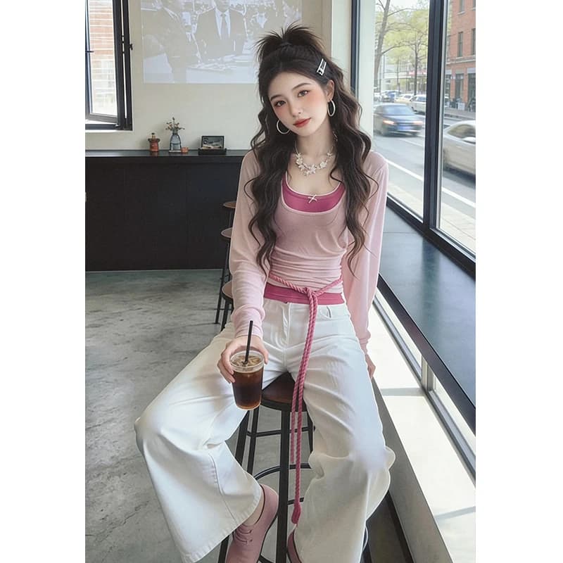 한 부서 착용 가져 가라. 지방 mm 몸매 가꾸기 슬림해 보이는 맨위 슬립 블라우스 두 조각 여성 세트 2026 여름 새로운 트렌드 맨위 이미지 2