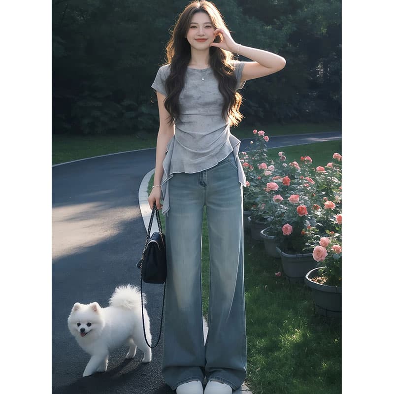 한 부서 몸매 가꾸기 홀치기 염색 불규칙 티셔츠 여성 2026 여름 새로운 트렌드 디자인 센스 트렌드 반팔 맨위 상세 이미지 2