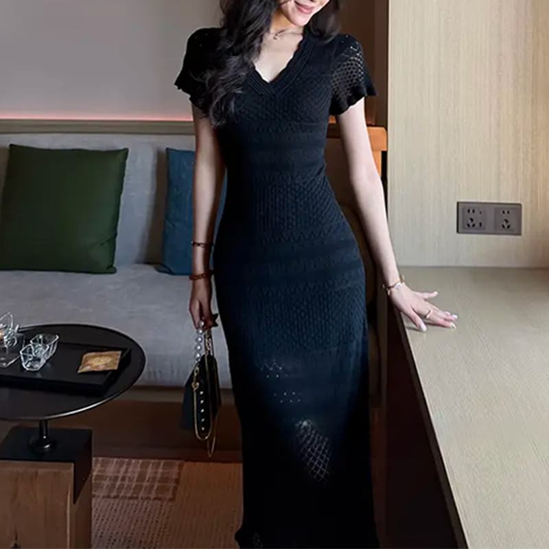 미니멀리즘 바람 빛 요리 한 트렌디 바람 V넥 여성 드레스 2026 여름 새로운 품격 출퇴근 디자인 센스 치마 이미지 3