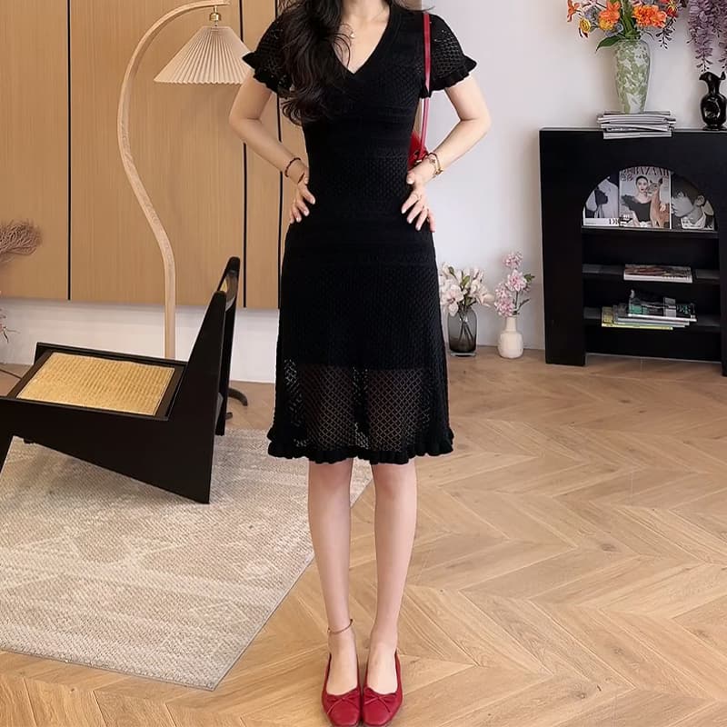 미니멀리즘 바람 빛 요리 한 트렌디 바람 V넥 여성 드레스 2026 여름 새로운 품격 출퇴근 디자인 센스 치마 상세 이미지 6