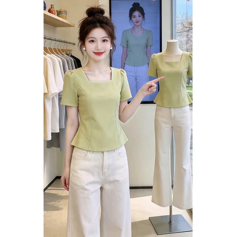 지방 mm 트렌드 여성 의류 패션 연령 감소 단색 Chic 반팔 티셔츠 여성 2026 여름 새로운 미니멀리즘 바람 맨위