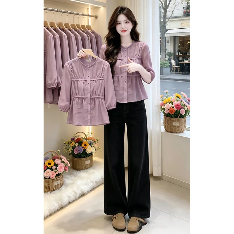 프랑스식 품격 핀치 Pleat 디자인 센스 반팔 여성 셔츠 2026 여름 새로운 트렌드 달콤함 슬림해 보이는 외국 가스 맨위 상세 이미지 2