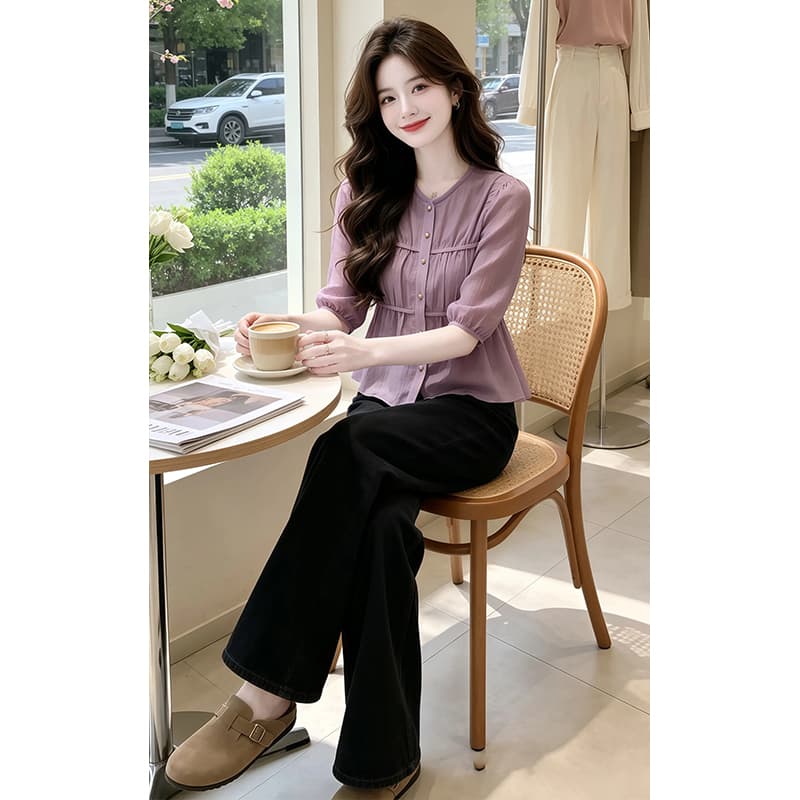프랑스식 품격 핀치 Pleat 디자인 센스 반팔 여성 셔츠 2026 여름 새로운 트렌드 달콤함 슬림해 보이는 외국 가스 맨위 상세 이미지 4