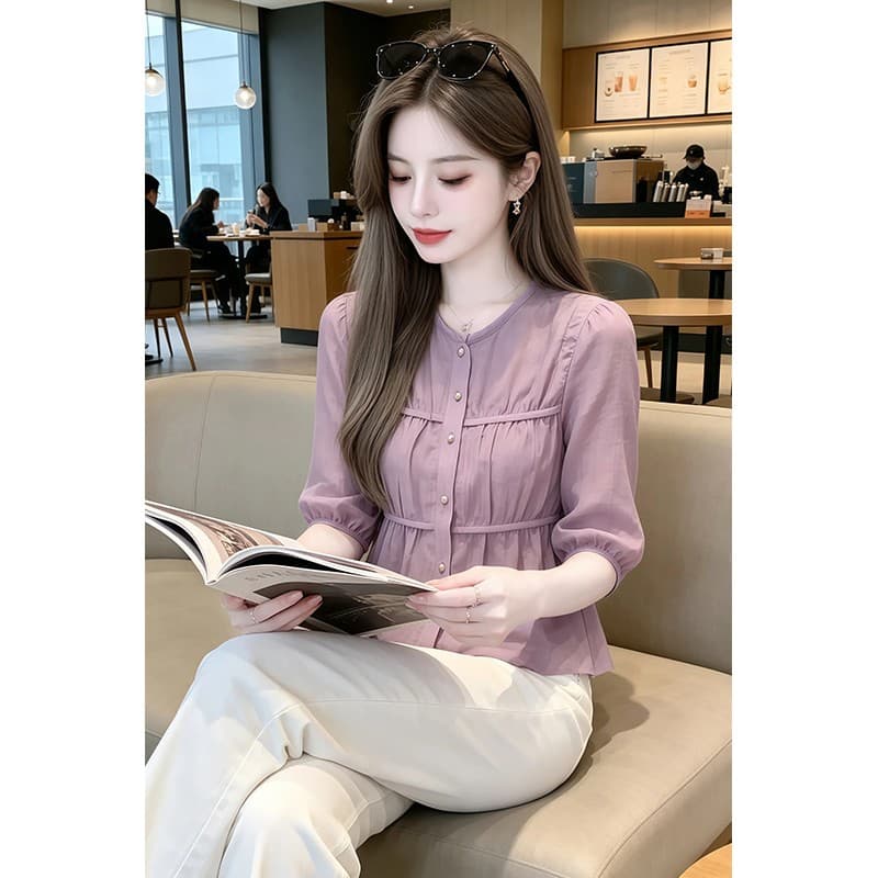프랑스식 품격 핀치 Pleat 디자인 센스 반팔 여성 셔츠 2026 여름 새로운 트렌드 달콤함 슬림해 보이는 외국 가스 맨위 상세 이미지 2