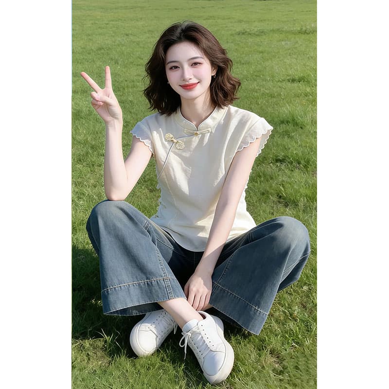 스탠드 칼라 민소매 단추 여성 셔츠 2026 아모이 중식 국풍 빛 럭셔리 표지 고기 작은 셔츠 트렌드 인터넷 유명인 반팔 상세 이미지 4