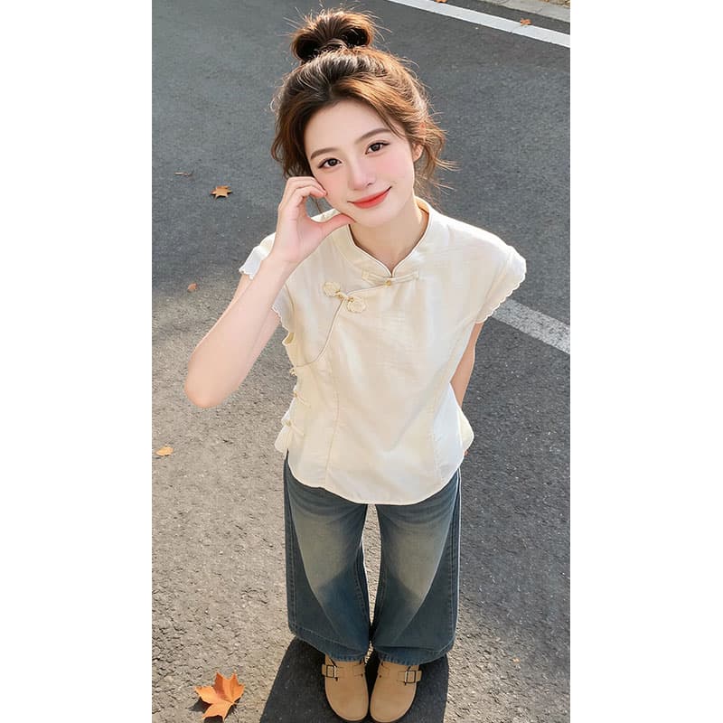 스탠드 칼라 민소매 단추 여성 셔츠 2026 아모이 중식 국풍 빛 럭셔리 표지 고기 작은 셔츠 트렌드 인터넷 유명인 반팔