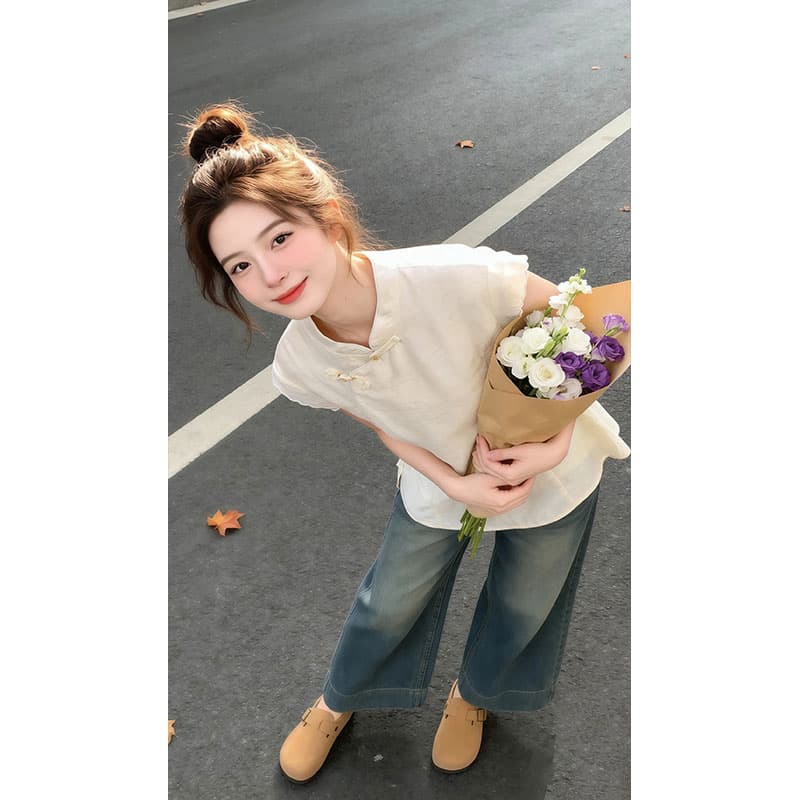 스탠드 칼라 민소매 단추 여성 셔츠 2026 아모이 중식 국풍 빛 럭셔리 표지 고기 작은 셔츠 트렌드 인터넷 유명인 반팔 이미지 4