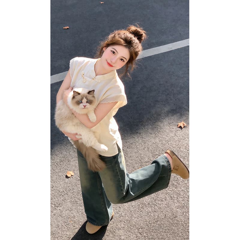 스탠드 칼라 민소매 단추 여성 셔츠 2026 아모이 중식 국풍 빛 럭셔리 표지 고기 작은 셔츠 트렌드 인터넷 유명인 반팔 상세 이미지 5