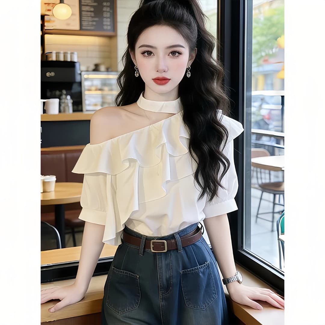 행침 목 비스듬한 어깨 프릴 셔츠 여자 반팔 여성 2026 여름 새로운 디자인 센스 트렌드 단색 맨위 이미지 5