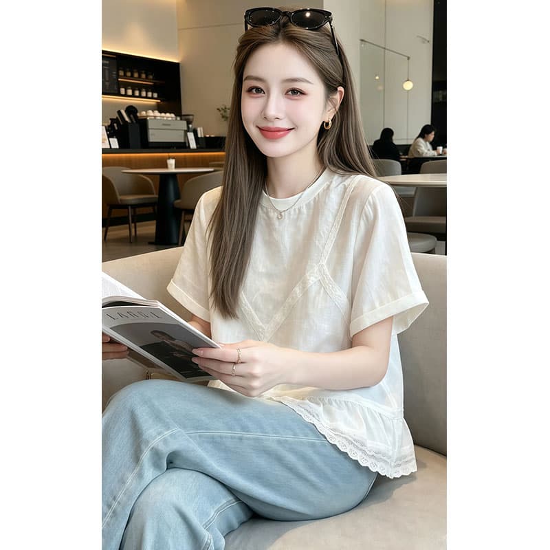 페이크 레이어드 반팔 티셔츠 여성 2026 여름 새로운 루즈핏 슬림해 보이는 캐주얼 디자인 센스 패치워크 디자인 센스 맨위 상세 이미지 5