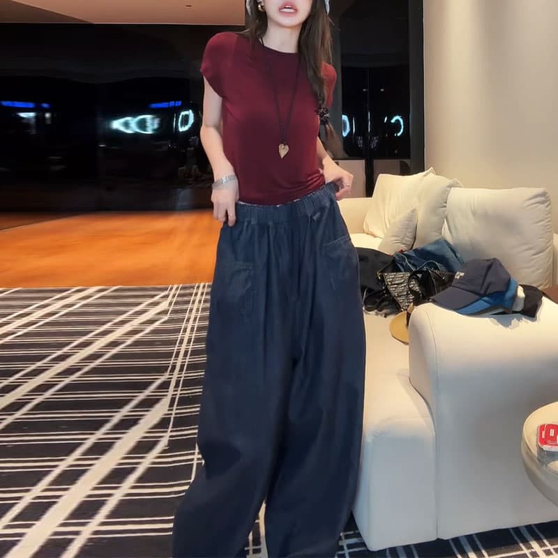 여름 새로운 프로 피부 부드러운 찹쌀 가면 티셔츠 허리밴드 작은 대중 느슨함 센스 와이드 레그 팬츠 세트 상세 이미지 12