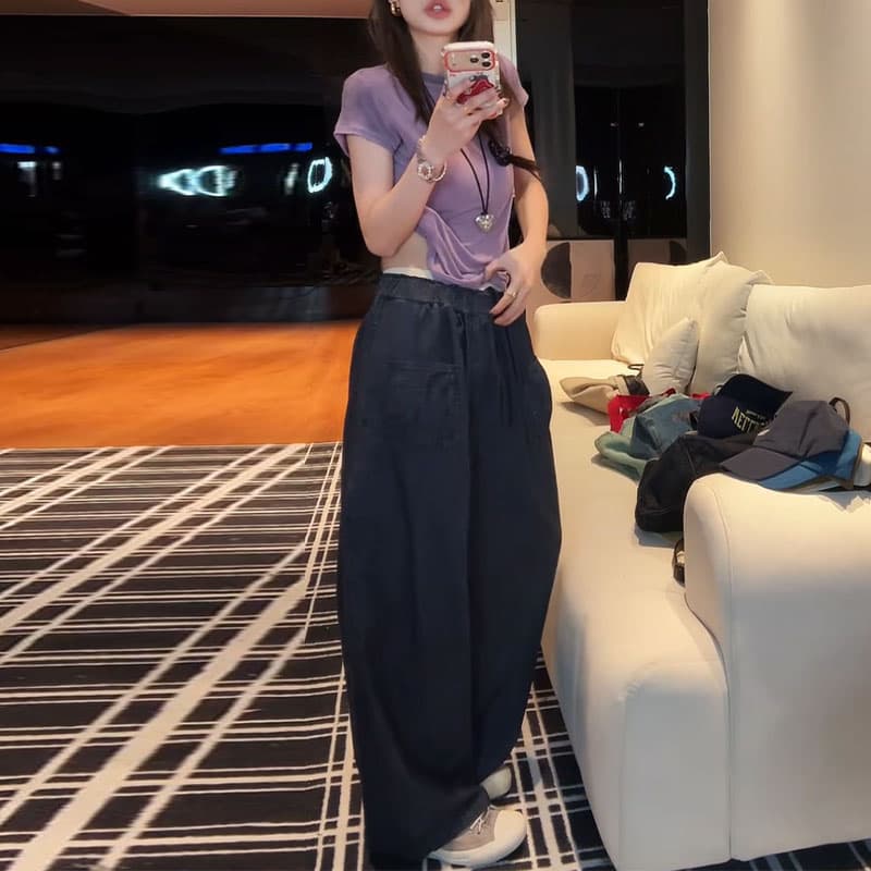 여름 새로운 프로 피부 부드러운 찹쌀 가면 티셔츠 허리밴드 작은 대중 느슨함 센스 와이드 레그 팬츠 세트 상세 이미지 10