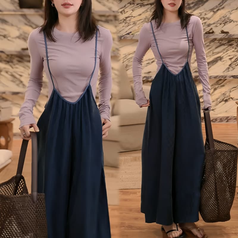 단색 다용도 얇은 스타일 자외선 차단 만나는 티셔츠 슬립 체크무늬 멜빵 캐주얼 바지 투피스 세트 이미지 2