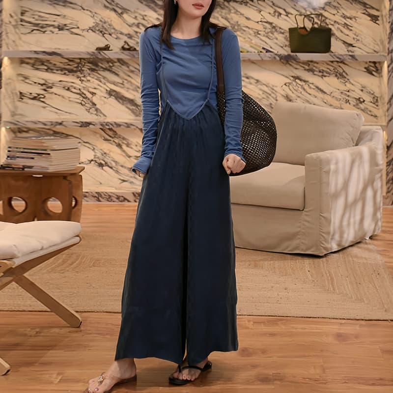 단색 다용도 얇은 스타일 자외선 차단 만나는 티셔츠 슬립 체크무늬 멜빵 캐주얼 바지 투피스 세트 이미지 4