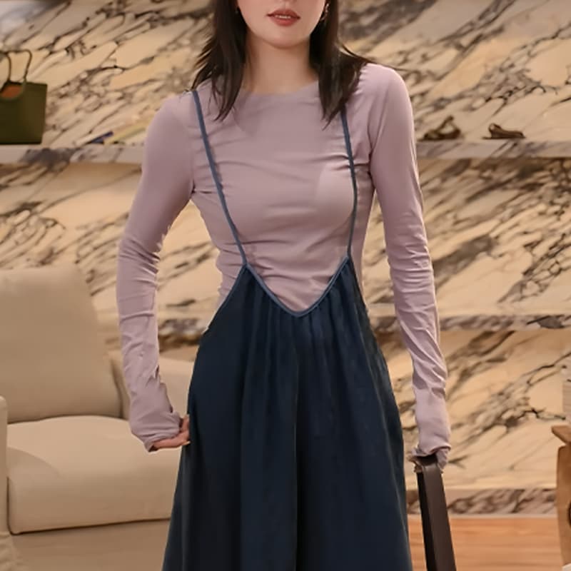 단색 다용도 얇은 스타일 자외선 차단 만나는 티셔츠 슬립 체크무늬 멜빵 캐주얼 바지 투피스 세트 상세 이미지 3