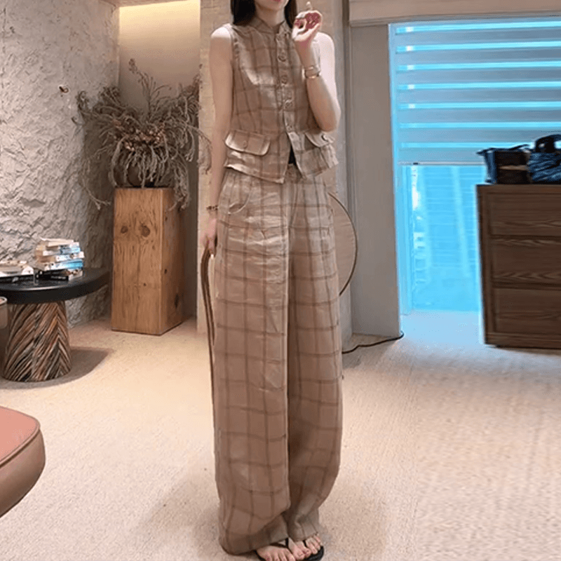 고급 센스 아마 체크무늬 패션 세트 여성 여름 외국 가스 연령 감소 다용도 민소매 조끼 와이드 레그 팬츠 투피스 세트 이미지 4