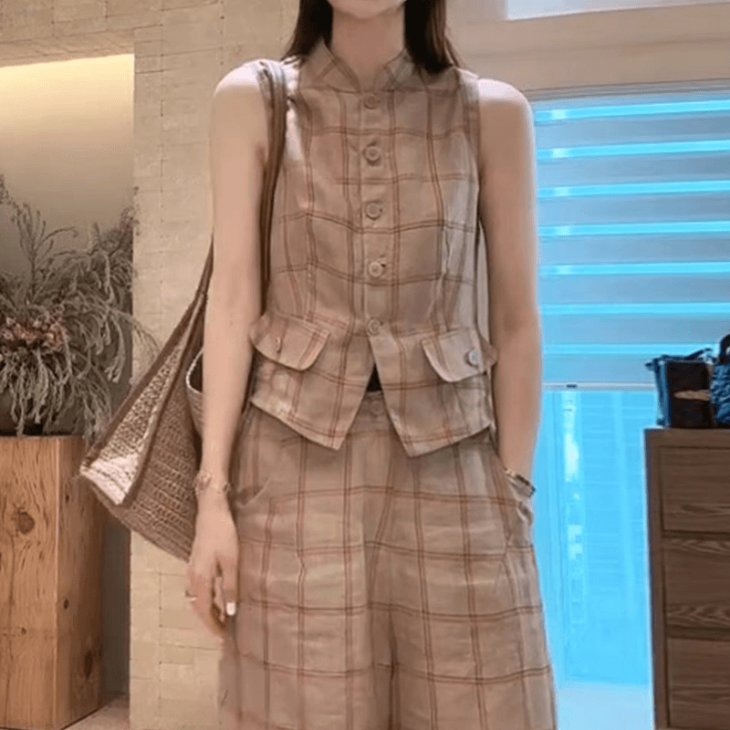 고급 센스 아마 체크무늬 패션 세트 여성 여름 외국 가스 연령 감소 다용도 민소매 조끼 와이드 레그 팬츠 투피스 세트 이미지 3