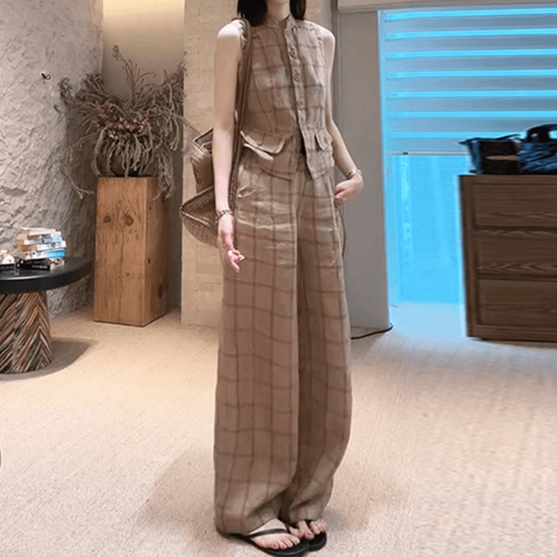 고급 센스 아마 체크무늬 패션 세트 여성 여름 외국 가스 연령 감소 다용도 민소매 조끼 와이드 레그 팬츠 투피스 세트 상세 이미지 2