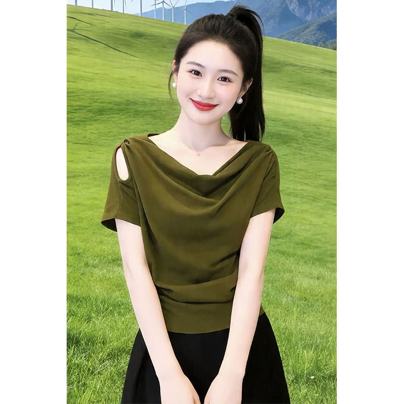 향기로운 듀오 패션 흔들다 칼라 오프숄더 디자인 티셔츠 2026 여름 새로운 미니멀리즘 캐주얼 다용도 반팔 맨위 이미지 4