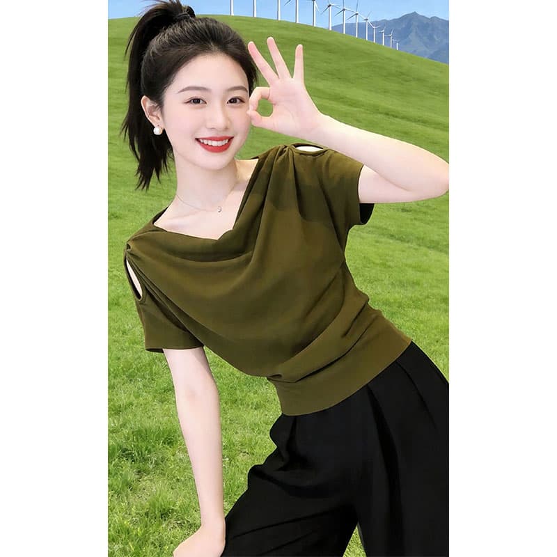 향기로운 듀오 패션 흔들다 칼라 오프숄더 디자인 티셔츠 2026 여름 새로운 미니멀리즘 캐주얼 다용도 반팔 맨위 이미지 3