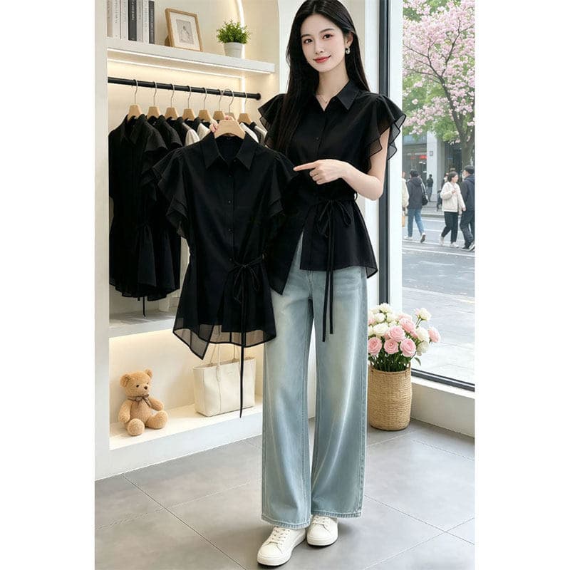 검정색 작은 날다 소매 레이스업 불규칙 허리 수축 여성 셔츠 여름 새로운 인기 폴로 칼라 셔츠 디자인 센스 맨위 이미지 4