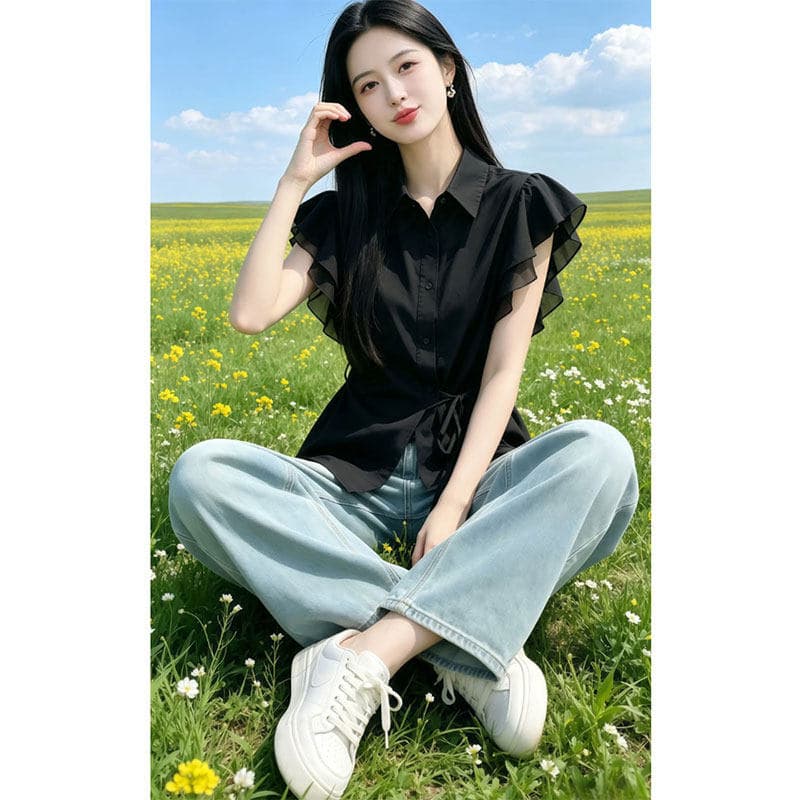 검정색 작은 날다 소매 레이스업 불규칙 허리 수축 여성 셔츠 여름 새로운 인기 폴로 칼라 셔츠 디자인 센스 맨위 이미지 2