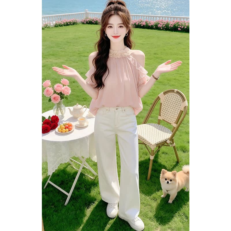 프랑스식 패치워크 행침 목 셔츠 2026 여름 새로운 작은 대중 슬림해 보이는 오프숄더 맨위 상세 이미지 6