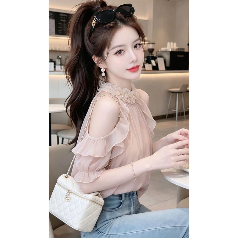 프랑스식 패치워크 행침 목 셔츠 2026 여름 새로운 작은 대중 슬림해 보이는 오프숄더 맨위 상세 이미지 5