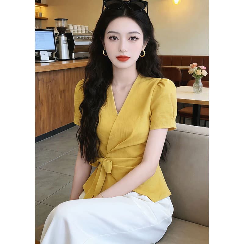 한 부서 세련된 V넥 불규칙 반팔 여성 셔츠 2026 여름 새로운 맨위 이미지 5