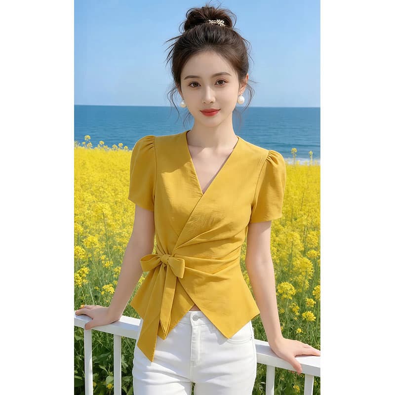 한 부서 세련된 V넥 불규칙 반팔 여성 셔츠 2026 여름 새로운 맨위 상세 이미지 6