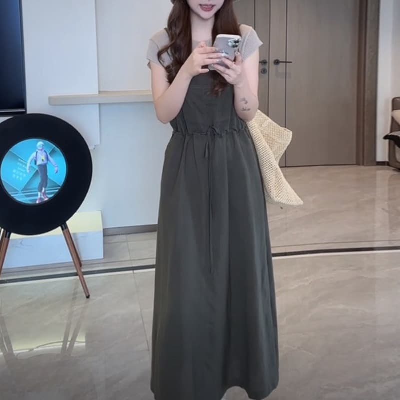 여름 한 부서 품격 연령 감소 느긋한 루즈핏 풀오버 라운드 넥 니트 스웨터 펌프 로프 허리 수축 멜빵 스커트 상세 이미지 3