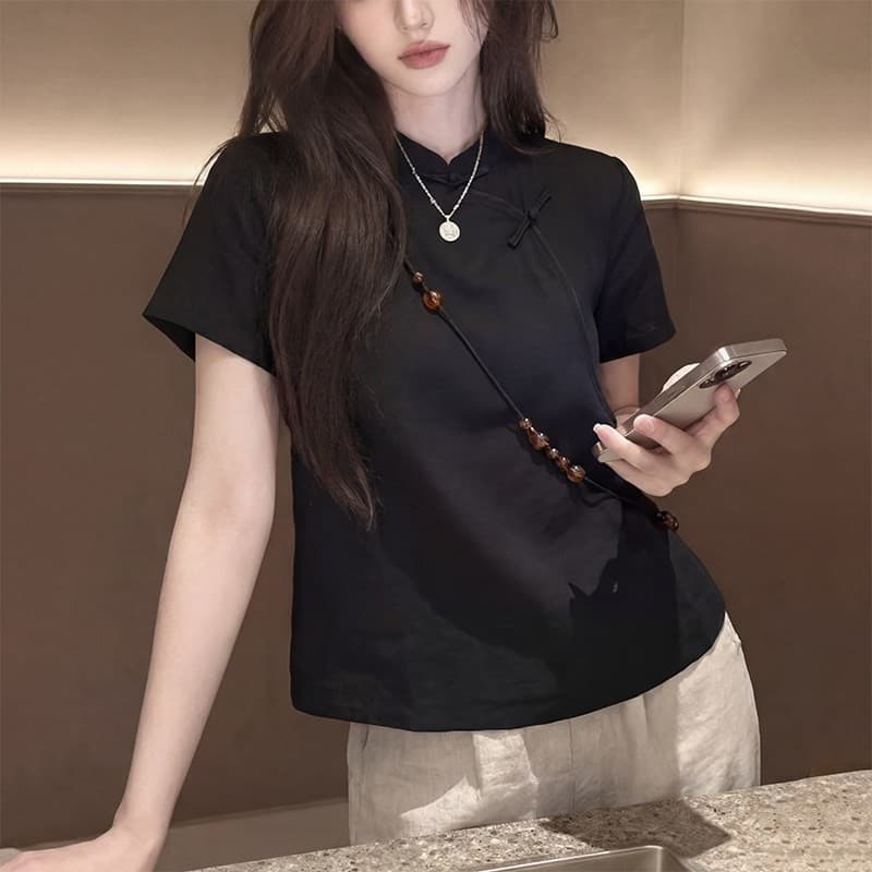 새로운 중식 반팔 셔츠 여성 2026 여름 새로운 반팔 스탠드 칼라 단추 품격 트렌드 인터넷 유명인 맨위