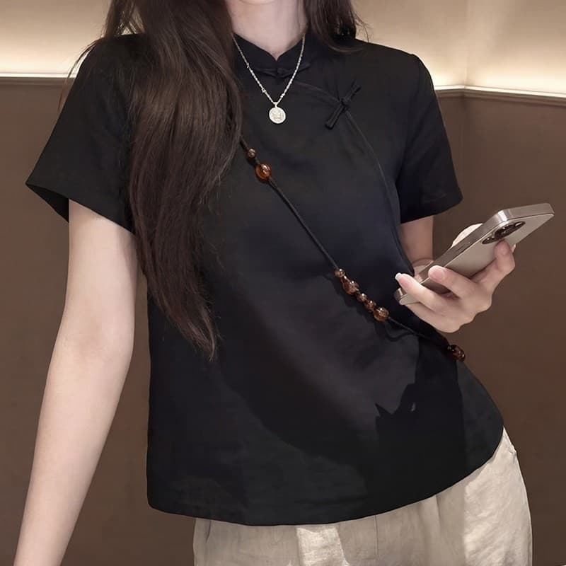 새로운 중식 반팔 셔츠 여성 2026 여름 새로운 반팔 스탠드 칼라 단추 품격 트렌드 인터넷 유명인 맨위 이미지 5