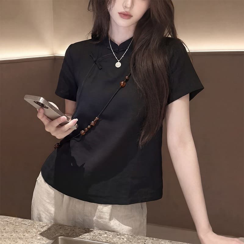 새로운 중식 반팔 셔츠 여성 2026 여름 새로운 반팔 스탠드 칼라 단추 품격 트렌드 인터넷 유명인 맨위 상세 이미지 3