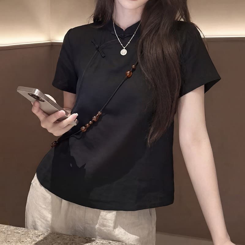 새로운 중식 반팔 셔츠 여성 2026 여름 새로운 반팔 스탠드 칼라 단추 품격 트렌드 인터넷 유명인 맨위 상세 이미지 6