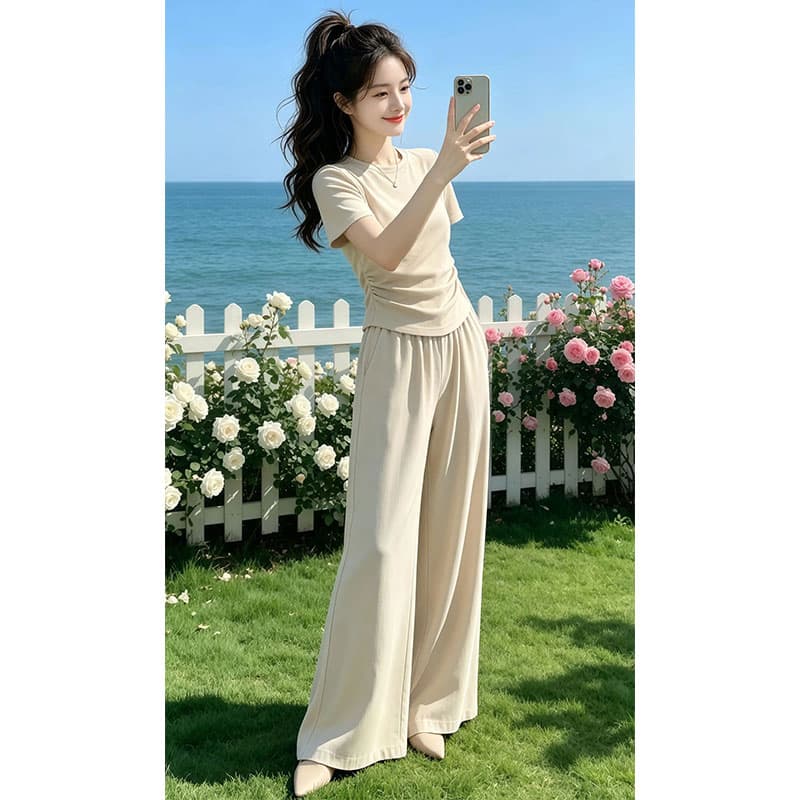 패션 슬림해 보이는 품격 인터넷 유명인 세트 여성 2026 여름 새로운 고급 다용도 루즈핏 맨위 바지 투피스 세트 이미지 3