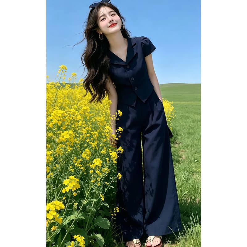 향기로운 듀오 단색 다용도 세련된 반팔 셔츠 2026 여름 새로운 여성 의류 와이드 레그 팬츠 투피스 세트 상세 이미지 4